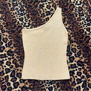 Christine Phillipe Gold Metallic & Crystal Bead One Shoulder Sweater Top Sz M